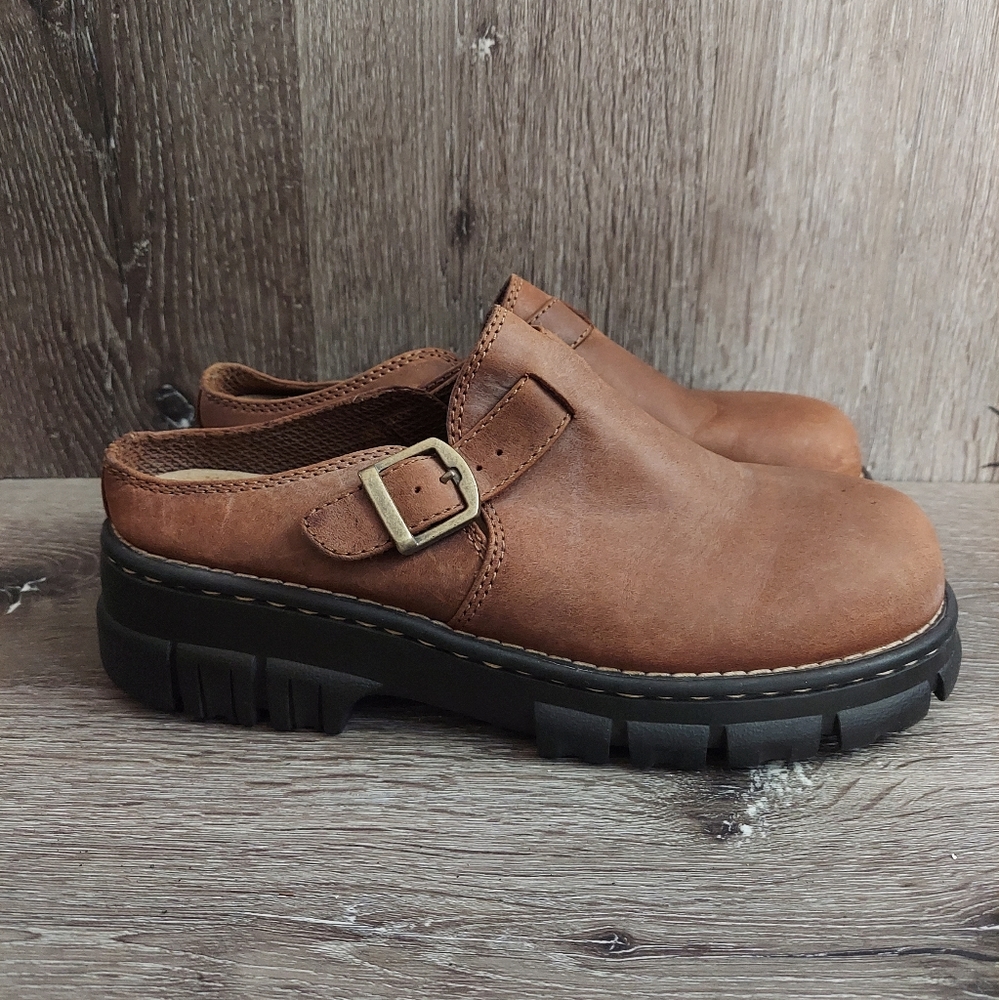 Vtg Red Stone Buckle Chunky Platform Brown Clog 9